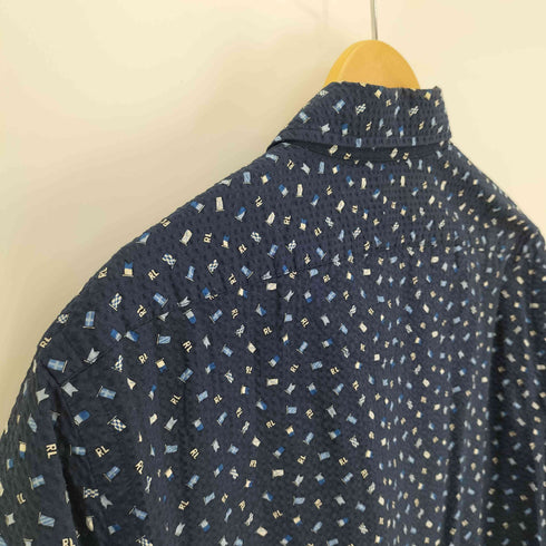 ラルフローレン RALPH LAUREN CLASSIC FIT 総柄 ロゴ 国旗 プリント B.D. S/S サッカー シャツ メンズ import:M