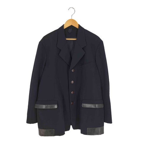 ヨウジヤマモトプールオム Yohji Yamamoto POUR HOMME 90S 丸文字タグ 4釦革貼りジャケット テーラードジャケット ウールギャバジン メンズ JPN:S