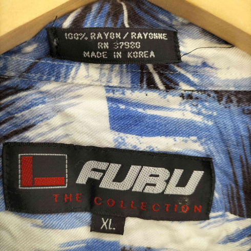 フブ FUBU 90S 韓国製 ロゴ刺繍 総柄 ヤシの木 ハイビスカス 開襟 S/S アロハシャツ メンズ import:XL