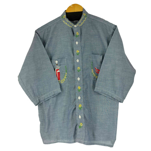 パーマネントプレス Permanent Press 70S 刺繍デザイン 七分袖 バンドカラーシャツ メンズ import:M