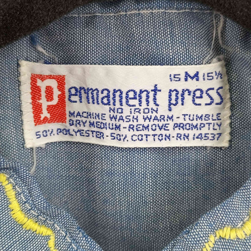 パーマネントプレス Permanent Press 70S 刺繍デザイン 七分袖 バンドカラーシャツ メンズ import:M