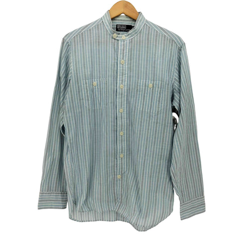 ポロバイラルフローレン Polo by RALPH LAUREN 90s マチ付 織柄 チンストラップ ストライプ バンドカラーワークシャツ メンズ import:M