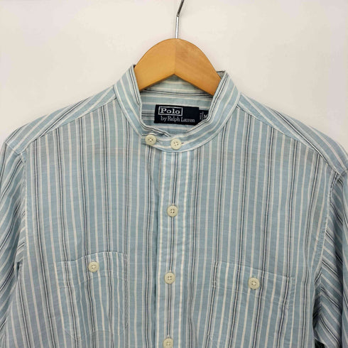 ポロバイラルフローレン Polo by RALPH LAUREN 90s マチ付 織柄 チンストラップ ストライプ バンドカラーワークシャツ メンズ import:M