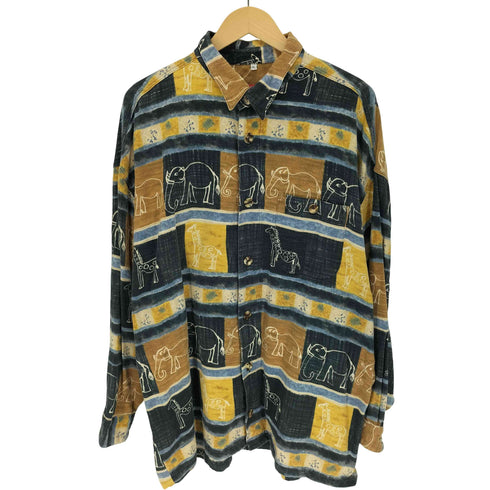 SIGNUM 80-90S 総柄 像 キリン 民族 シェルボタン L/S レギュラーカラー シャツ メンズ import:XL