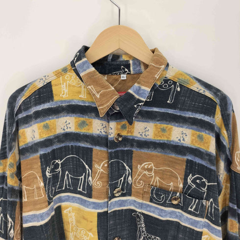 SIGNUM 80-90S 総柄 像 キリン 民族 シェルボタン L/S レギュラーカラー シャツ メンズ import:XL