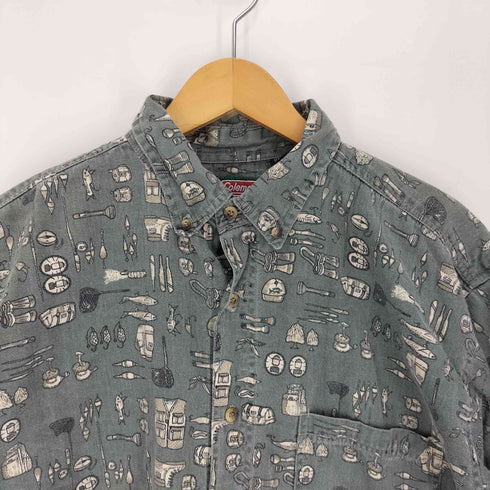 コールマン COLEMAN 総柄 魚 釣り竿 キャンプ 1ポケット B.D S/S コットン シャツ メンズ import:L