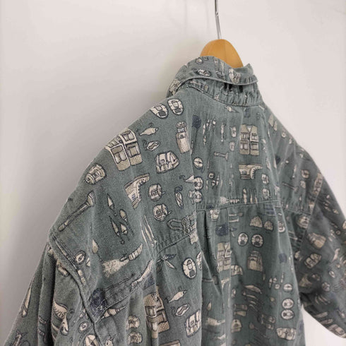 コールマン COLEMAN 総柄 魚 釣り竿 キャンプ 1ポケット B.D S/S コットン シャツ メンズ import:L