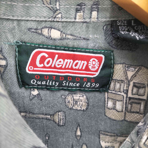 コールマン COLEMAN 総柄 魚 釣り竿 キャンプ 1ポケット B.D S/S コットン シャツ メンズ import:L