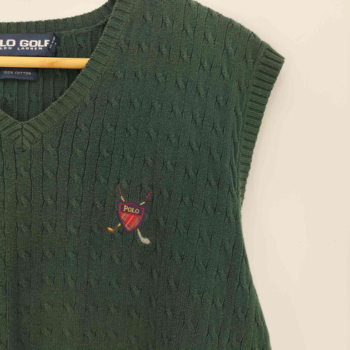 ポロゴルフラルフローレン POLO GOLF RALPH LAUREN エンブレム デザイン ケーブル編み コットン ニット ベスト メンズ import:L