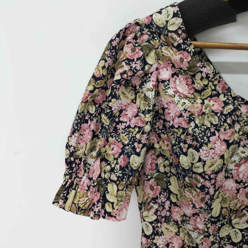 ローラアシュレイ LAURA ASHLEY 花柄 パフスリーブリボンフレア ロングワンピース レディース