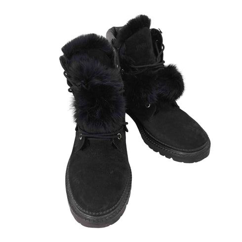 ジミーチュウ JIMMY CHOO ELBA FLAT ボンボンファー付 スエード レースアップ ワークブーツ レディース JPN:38