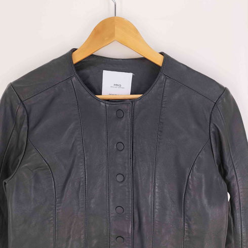 マンゴー MNG ノーカラー 6B スナップボタン ラムレザー ジャケット レディース import:M