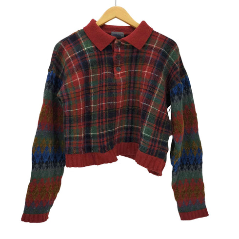 ケンゾー KENZO 90S モール糸 タータン チェック 袖 ノルディック柄 切替 クロップド ポロ ニット セーター レディース