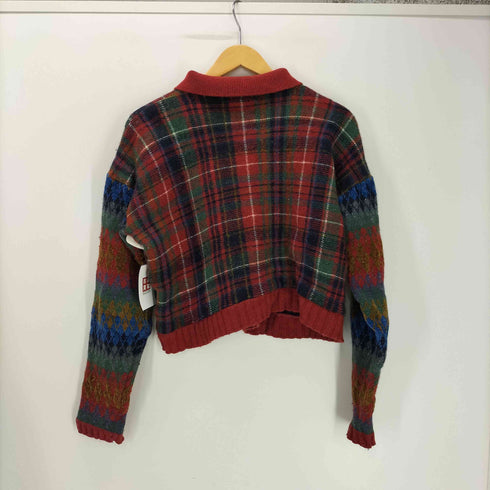 ケンゾー KENZO 90S モール糸 タータン チェック 袖 ノルディック柄 切替 クロップド ポロ ニット セーター レディース