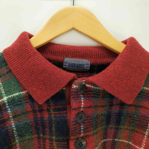 ケンゾー KENZO 90S モール糸 タータン チェック 袖 ノルディック柄 切替 クロップド ポロ ニット セーター レディース