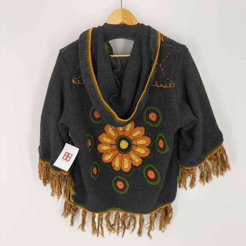 花刺繍 フーデッドフリンジニットカーディガン レディース