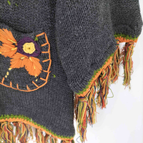 花刺繍 フーデッドフリンジニットカーディガン レディース