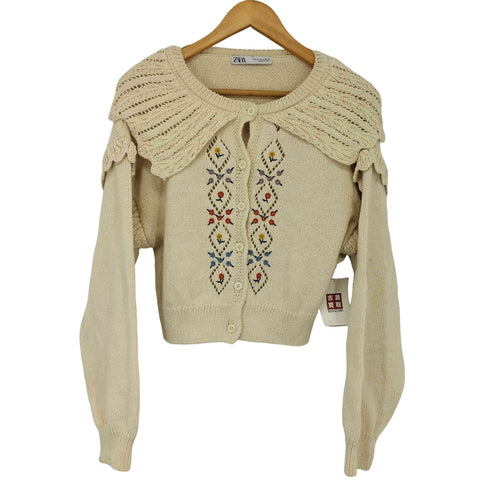 ザラ ZARA 刺繍入りフリル襟 ショート丈カーディガン レディース import:M