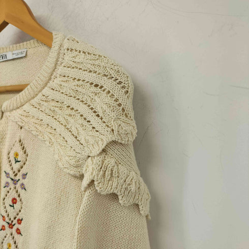 ザラ ZARA 刺繍入りフリル襟 ショート丈カーディガン レディース import:M