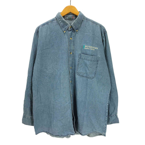 EXPRESS MARK 90S バングラデシュ製 医療機関 企業ロゴ シャンブレー デニム L/S BDシャツ メンズ import:L