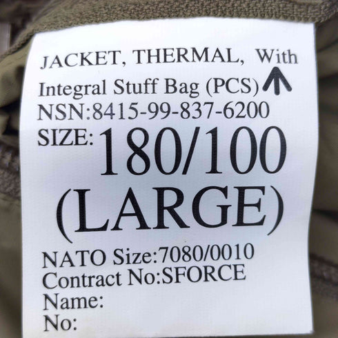 ブリティッシュアーミー BRITISH ARMY イギリス軍 PCS THERMAL JACKET メンズ JPN:L