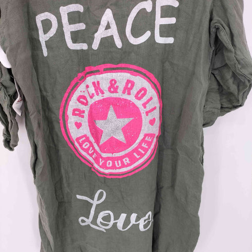 イタリア製 PEACE Loue ROCK&ROLL プリント リネン ボタンシャツ ワンピース レディース