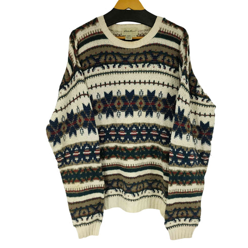 エディーバウアー Eddie Bauer 00S 白タグ MADE IN USA 総柄 コットンニット メンズ JPN:L