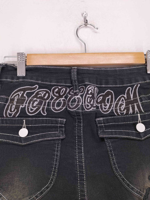 背面刺繍デザインウォッシュ加工フレアブラックデニムパンツ Y2K レディース