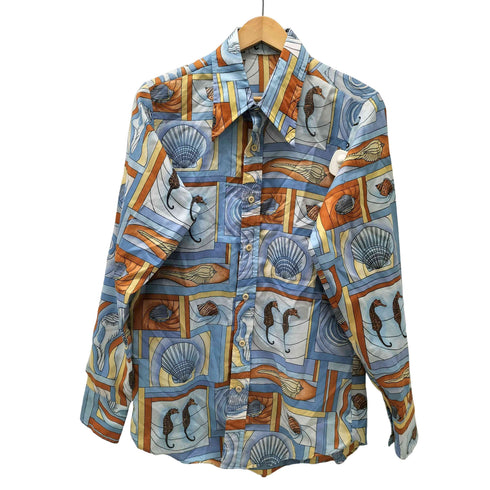 襟芯 デカ襟 タツノオトシゴ 総柄 L/S ポリ シャツ メンズ import:L