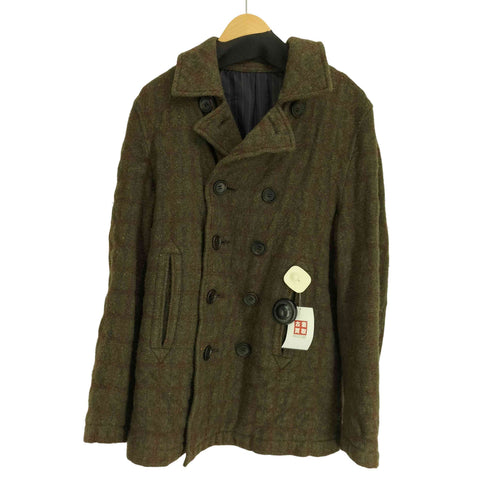 コムデギャルソンオム COMME des GARCONS HOMME AD2004 04AW ウール ダブル マーブル チェック ピーコート 裏地ストライプ メンズ JPN:S
