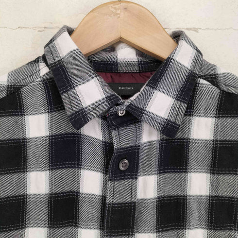 ディーゼル DIESEL 裾ダメージ加工ロゴプレートチェックシャツ メンズ S