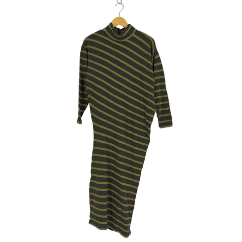 イッセイミヤケ ISSEY MIYAKE 80s 筆タグ コットンウール 斜めボーダー モックネック ニットワンピース レディース JPN:9号