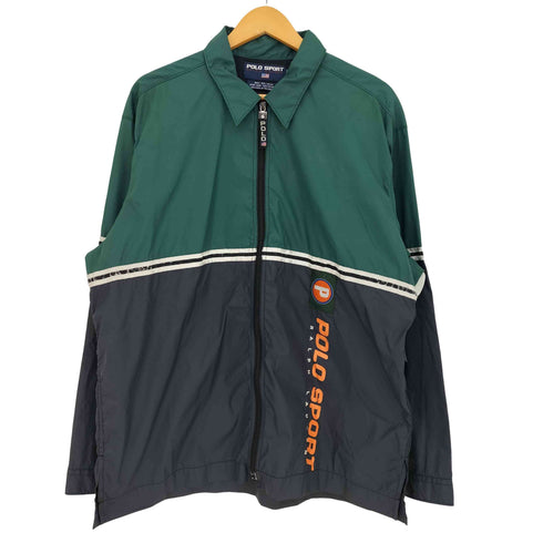 ポロスポーツラルフローレン POLO SPORT RALPH LAUREN 90s ロゴプリント 刺繍 裏地メッシュ ラインテープ 切り替え サイドスリット ナイロン ジップアップ コーチジャケット メンズ import:L