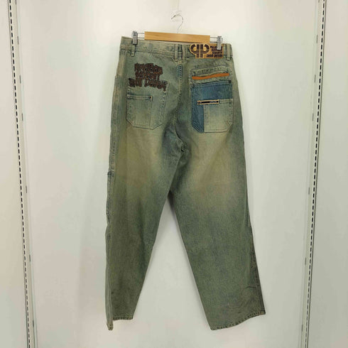 ペレペレ pelle pelle ロゴ刺繍 レザーパッチ ジップフライ ワイド デニムパンツ メンズ WAIST34 INSEAM34