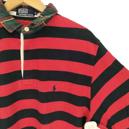 ポロバイラルフローレン Polo by RALPH LAUREN 90S ポニー刺繍 襟チェック ボーダー ポロシャツ メンズ import:L