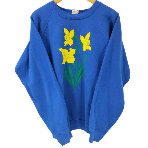 80S FRUIT OF THE LOOM ボディ USA製 水仙 フラワー プリント 裏起毛 ラグランスリーブ スウェット メンズ import:XL