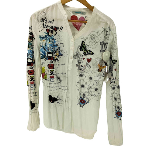 デシグアル Desigual 総柄 スキッパー シャツ ブラウス ハーフボタン プルオーバー レディース import:M