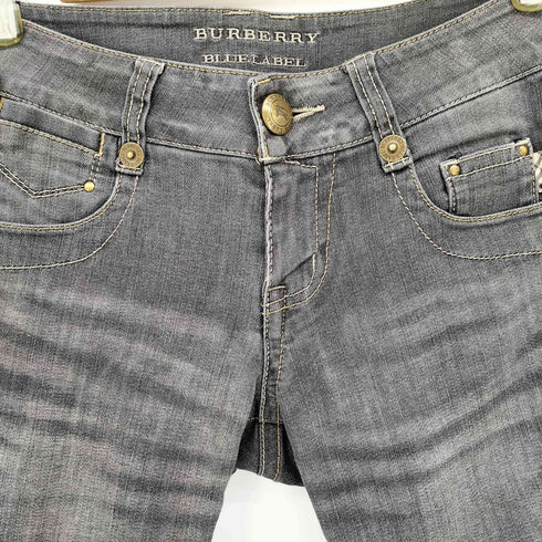 バーバリーブルーレーベル BURBERRY BLUE LABEL 裾 チェック ローライズ ストレッチ スキニー ブラック デニム パンツ レディース JPN:38