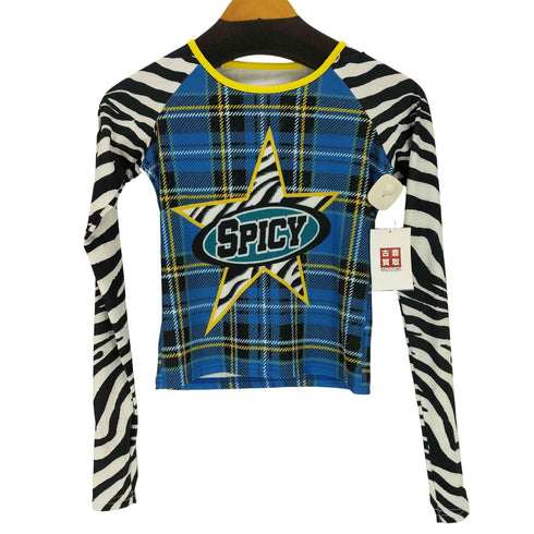 Zebra & Check Print Long Sleeve Cropped T-Shirt レディース