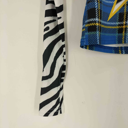 Zebra & Check Print Long Sleeve Cropped T-Shirt レディース