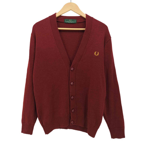 フレッドペリー FRED PERRY 90S 英国製 月桂冠 刺繍 胡桃ボタン アクリル ニット カーディガン メンズ import:M