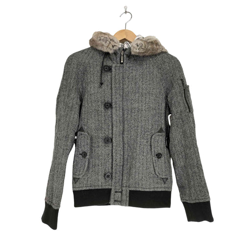 バーバリーブラックレーベル BURBERRY BLACK LABEL ラビットファー付ヘリンボーンショート丈コート メンズ M