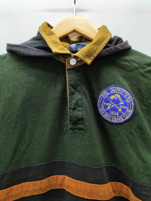 ポロバイラルフローレン Polo by RALPH LAUREN 90S パッチ刺繍 ボーダー ポケット付き L/S ラガーシャツ フーディー パーカー レディース import:L