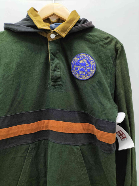 ポロバイラルフローレン Polo by RALPH LAUREN 90S パッチ刺繍 ボーダー ポケット付き L/S ラガーシャツ フーディー パーカー レディース import:L