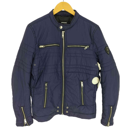 ディーゼル DIESEL 裏地ロゴプリント ロゴレザー エンブレム ワッペン 切替 シングルライダース ナイロン パテッド ジャケット メンズ import:M