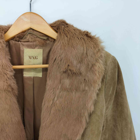 マンゴー MNG スエードレザー ファー ベルテッド チェスターコート レディース