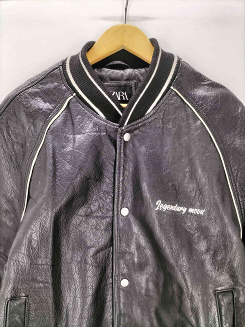 ザラ ZARA Leather biker jacket カウレザー バック 刺繍 スタジアム ジャケット スタジャン メンズ import:S