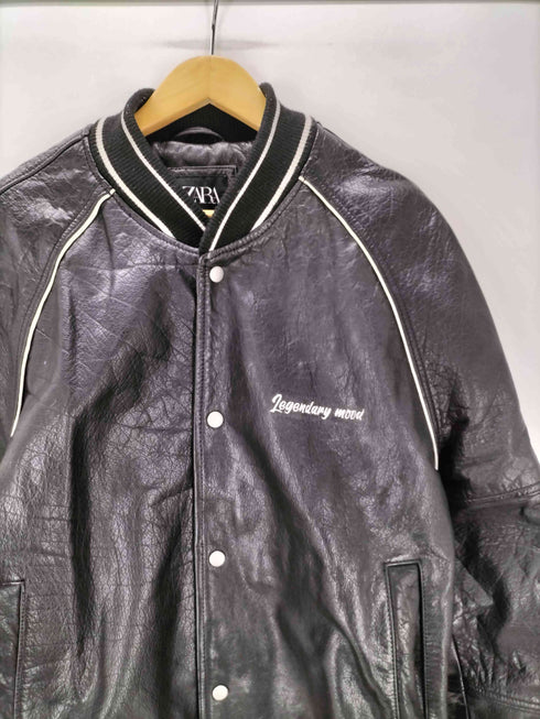 ザラ ZARA Leather biker jacket カウレザー バック 刺繍 スタジアム ジャケット スタジャン メンズ import:S