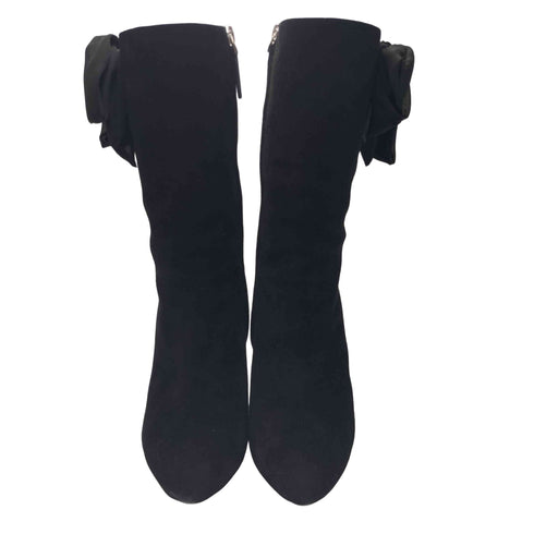 ラルフローレンパープルレーベル RALPH LAUREN PURPLE LABEL イタリア製 サイドジップ 編み込み リボン デザイン スウェード ヒール ロング ブーツ レディース US:7.5