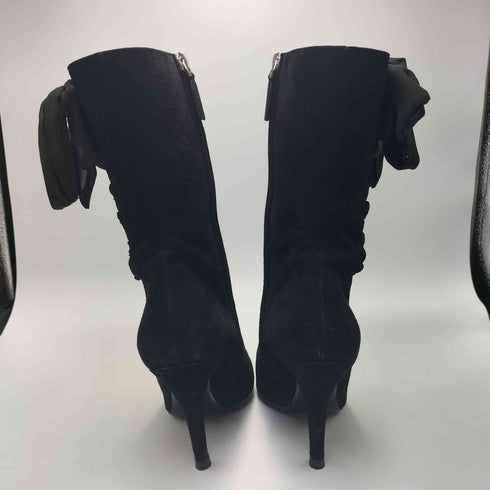 ラルフローレンパープルレーベル RALPH LAUREN PURPLE LABEL イタリア製 サイドジップ 編み込み リボン デザイン スウェード ヒール ロング ブーツ レディース US:7.5